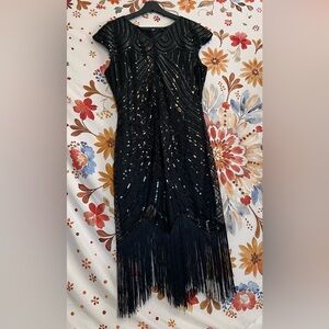 1920s Style Flapper Deco Sequin Beaded Fringe Fitted XL/XXL Costume Party Dress